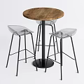 Round Wooden Bar Counter With Black Metal Base And Transparent Acrylic Stools