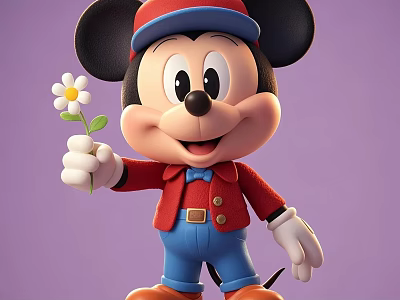 Cute Cartoon Character Wearing Red Hat Jacket Blue Pants Holding White Flower On Purple Background 3d model
