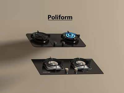 Poliform Cooktop with Two Burners and Blue Flame on Black Panel 3d model
