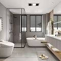 Modern Bathroom Interior Design With Freestanding Bathtub Smart Toilet And Glass Shower Enclosure