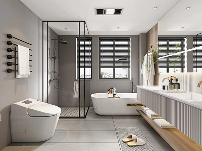 Modern Bathroom Interior Design With Freestanding Bathtub Smart Toilet And Glass Shower Enclosure 3d model