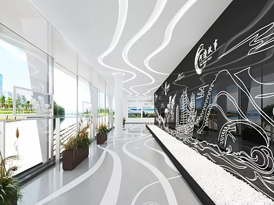 Modern Exhibition Hall Interior With Large Glass Windows White Wavy Ceiling And Black Wall Patterns 3d model