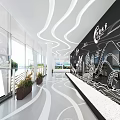Modern Exhibition Hall Interior With Large Glass Windows White Wavy Ceiling And Black Wall Patterns