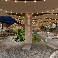 Outdoor Restaurant With String Lights Green Plants Gravel Floor And Wooden Tables Chairs