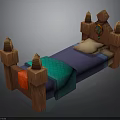 Wooden Bed with Carved Posts Pointed Tops Green Ornament Blue Bedspread Turquoise Blanket