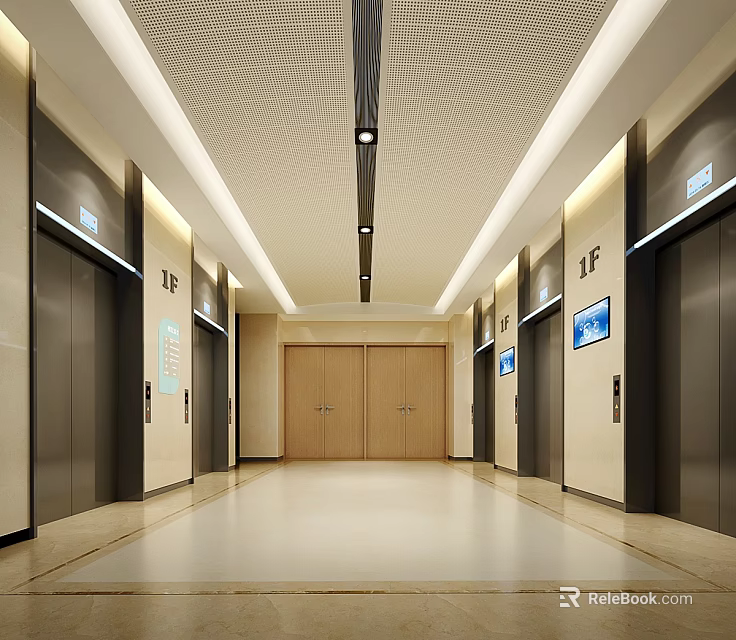 Modern Elevator Lobby Interior With 1F Signs Elevators And Display Screens 3d model