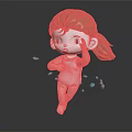 3D Cartoon Girl Character With Brown Ponytail Running Through Blue Floating Fragments In Dynamic Pose