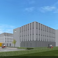 Modern Industrial Factory Building With Glass Curtain Walls Green Lawns And Delivery Trucks