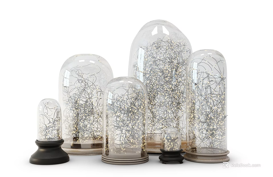 Glass Dome Decorative Lights with Twinkling String Lights Various Sizes Black Metal Bases 3d model 