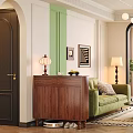 Wooden Shoe Cabinet in Living Room with Green Sofa Decorative Paintings Table Lamp and Shoes