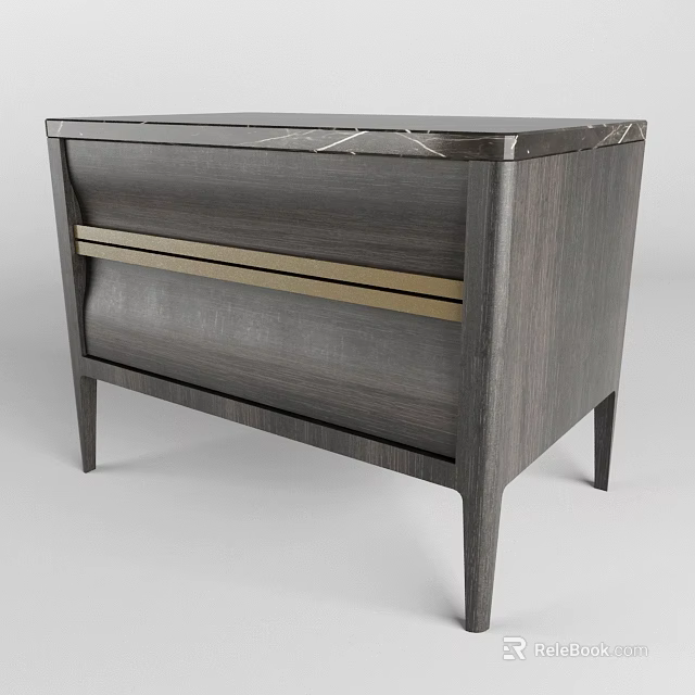 Modern Dark Wood Bedside Table With Marble Top Golden Stripe And Slim Legs 3d model 