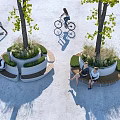 Outdoor Chairs With Circular Design In Urban Outdoor Space Surrounded By Trees And Greenery