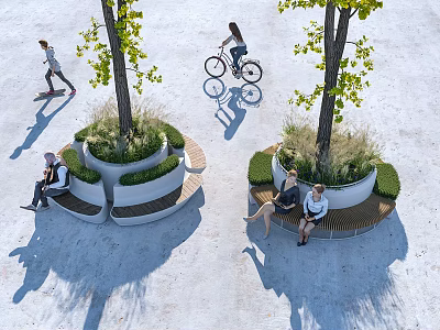 Outdoor Chairs With Circular Design In Urban Outdoor Space Surrounded By Trees And Greenery 3d model