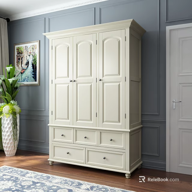 Classic White Wardrobe With Multiple Doors And Drawers In Elegant Room Setting 3d model 