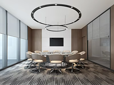 Modern Conference Room Interior With Round Table Circular Pendant Lights And Glass Partitions 3d model