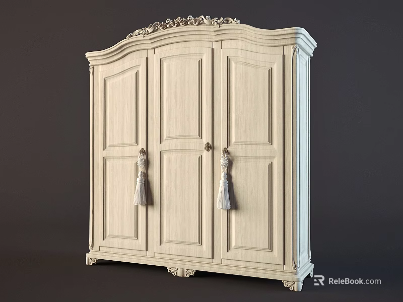 Classic White Wardrobe With Carved Details Three Doors Tassel Handles And Ornate Feet 3d model 