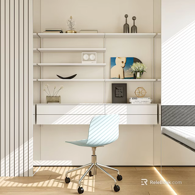 Modern Home Office Desk with White Floating Shelves Decorative Items and Light Blue Chair 3d model 