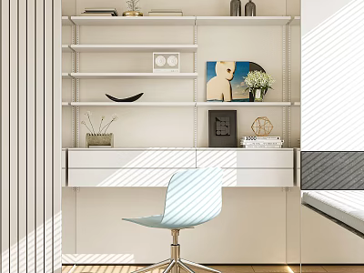 Modern Home Office Desk with White Floating Shelves Decorative Items and Light Blue Chair 3d model