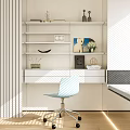Modern Home Office Desk with White Floating Shelves Decorative Items and Light Blue Chair