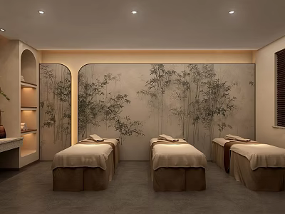 Elegant Foot Massage Spa Room with Bamboo Patterned Wall and Three Massage Beds 3d model