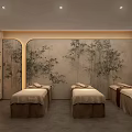 Elegant Foot Massage Spa Room with Bamboo Patterned Wall and Three Massage Beds
