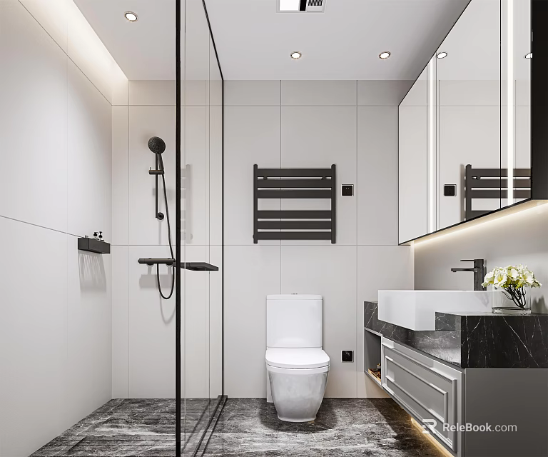 Modern Bathroom Interior With Glass Shower Toilet Double Vanity And Black Marble Countertop 3d model 