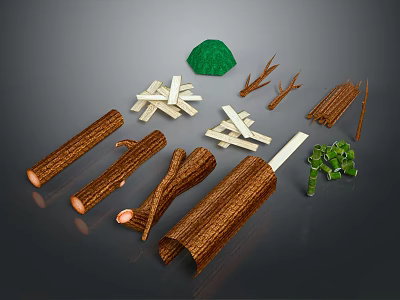 Assorted Natural Wood Materials Display With Logs Sticks Planks Branches And Green Accents 3d model