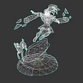 Game Character with Blue Hair Armor Floating Shards Standing on Crystal Base and Small Companion