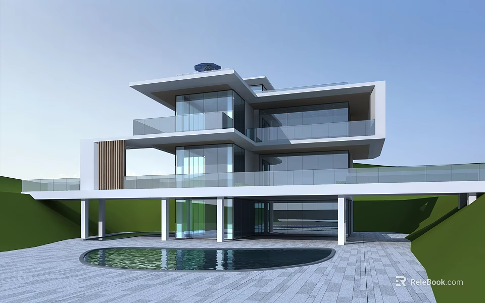 Modern Detached Villa With Large Glass Walls Swimming Pool Stone Patio And Green Lawn 3d model 