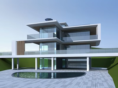 Modern Detached Villa With Large Glass Walls Swimming Pool Stone Patio And Green Lawn 3d model