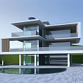 Modern Detached Villa With Large Glass Walls Swimming Pool Stone Patio And Green Lawn