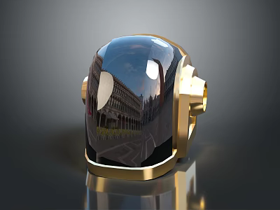 Futuristic Helmet Design With Gold Accents Black Shell And Reflective Building Reflection 3d model