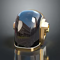 Futuristic Helmet Design With Gold Accents Black Shell And Reflective Building Reflection