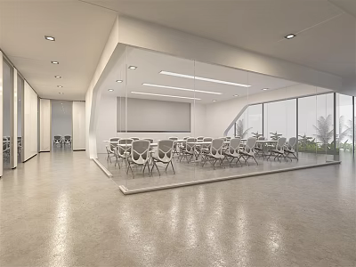 Modern Conference Room Interior With Glass Partitions Large Windows Tables And Chairs 3d model