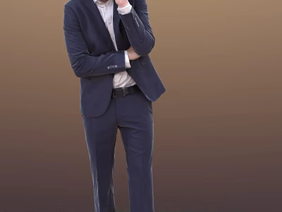 Man In Navy Blue Suit And White Shirt Adjusting Collar On Brown Background 3d model