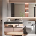 Modern Bathroom Interior Design With Vanity Mirror Glass Shower Toilet And Storage Shelves