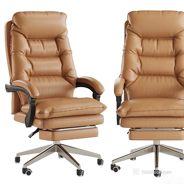 Modern Brown Leather Office Chair With High Back Armrests And Metal Base Wheels 3d model 