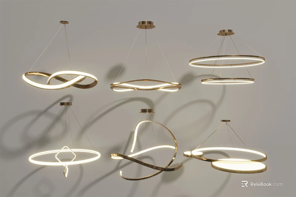 Modern Contemporary Chandeliers with Circular Curved Metal Frames and White Illumination 3d model 