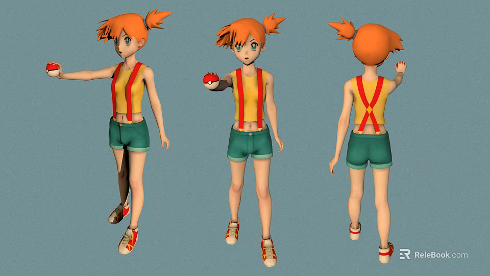 Animated Creature Character With Orange Hair Twin Ponytails Green Shorts Holding Red Ball Three Angles 3d model 