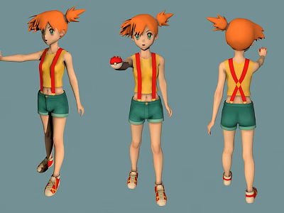 Animated Creature Character With Orange Hair Twin Ponytails Green Shorts Holding Red Ball Three Angles 3d model