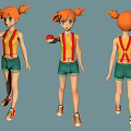 Animated Creature Character With Orange Hair Twin Ponytails Green Shorts Holding Red Ball Three Angles