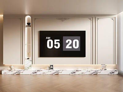 Modern Elegant Living Room TV Background Wall With Marble Platform Digital Clock Showing 05:20 3d model