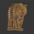 Geometric Tiger Sculpture Made Of Small Cubes With Golden Brown Hue And Reflective Surface
