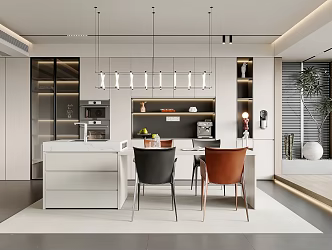 Home Restaurant Dining Table and Chair Island Table Wine Cabinet Chandelier 3d model
