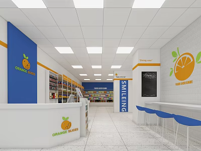 Supermarket Department Store With Checkout Counter Shelves Blue Orange Decor And Seating Area 3d model