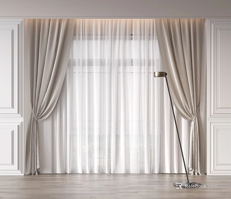 Stylish Beige Curtains With White Sheer Panels In White Paneled Room With Floor Lamp 3d model 
