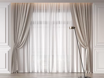 Stylish Beige Curtains With White Sheer Panels In White Paneled Room With Floor Lamp 3d model