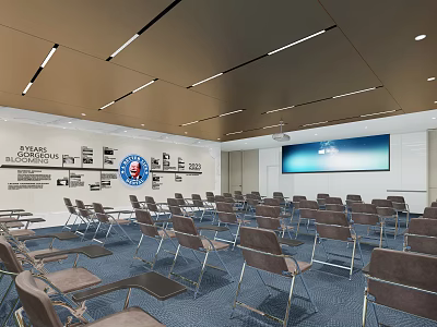 Modern Conference Room With Spacious Seating Large Screen Wall Decor And Linear Ceiling Lights 3d model