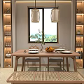Modern Living and Dining Room With Wooden Ceiling Pendant Light Sea View Windows And Plants
