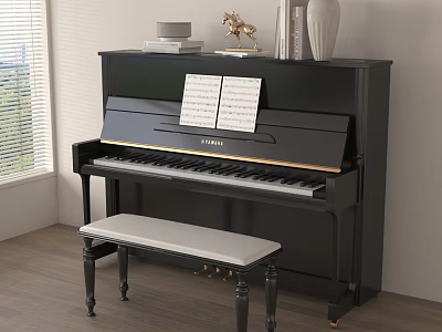 Black Yamaha Piano Living Room Interior Design with Bench Music Sheet and Decorative Items 3d model